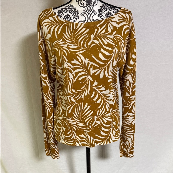 Garnet Hill Mustard Brown and White long sleeve Botanical Leaf Pattern Sweater - Picture 2 of 8